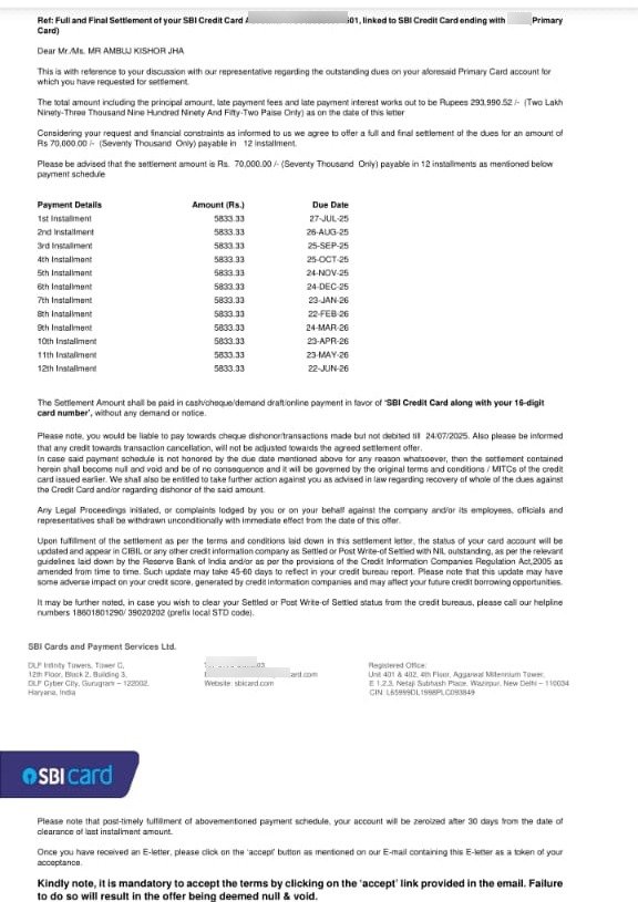 Ambuj SBI Card settlement letter