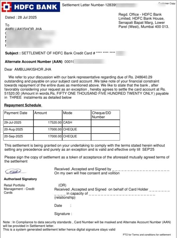 Ambuja Kishor HDFC settlement letter