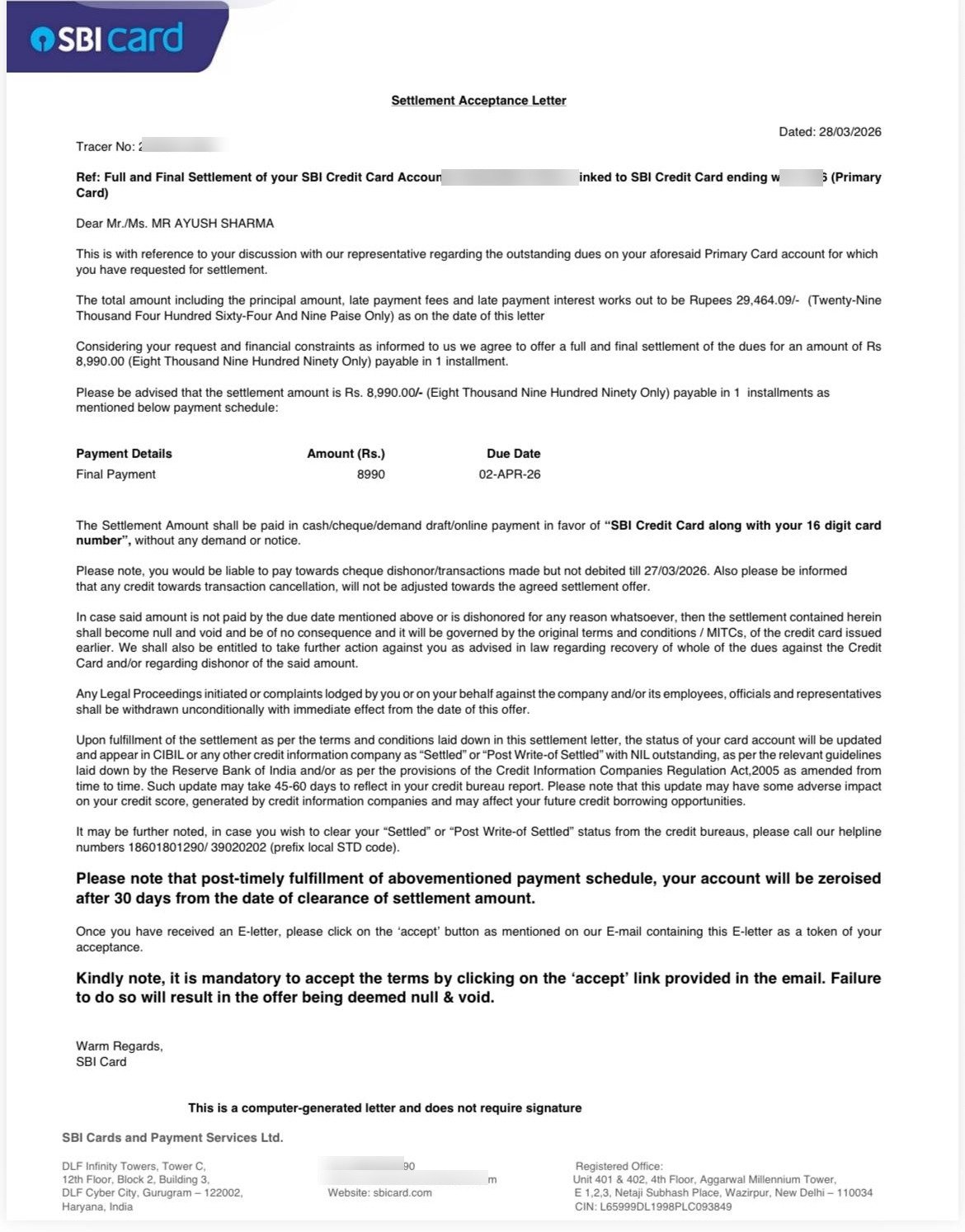 Ayush SBI Card settlement letter