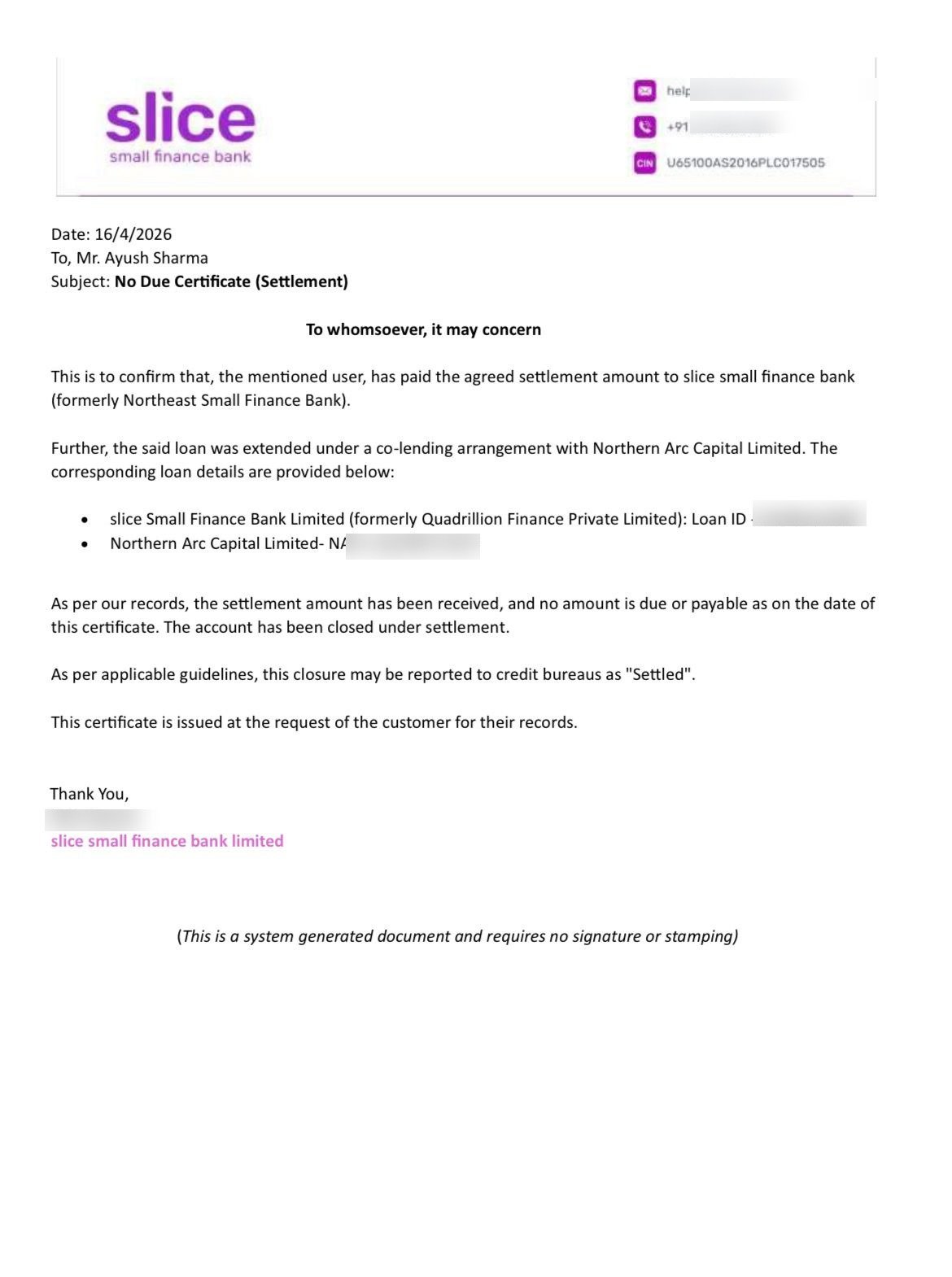 Settlement letter, redacted