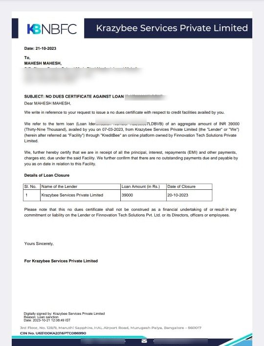 Mahesh KrazyBee NOC letter