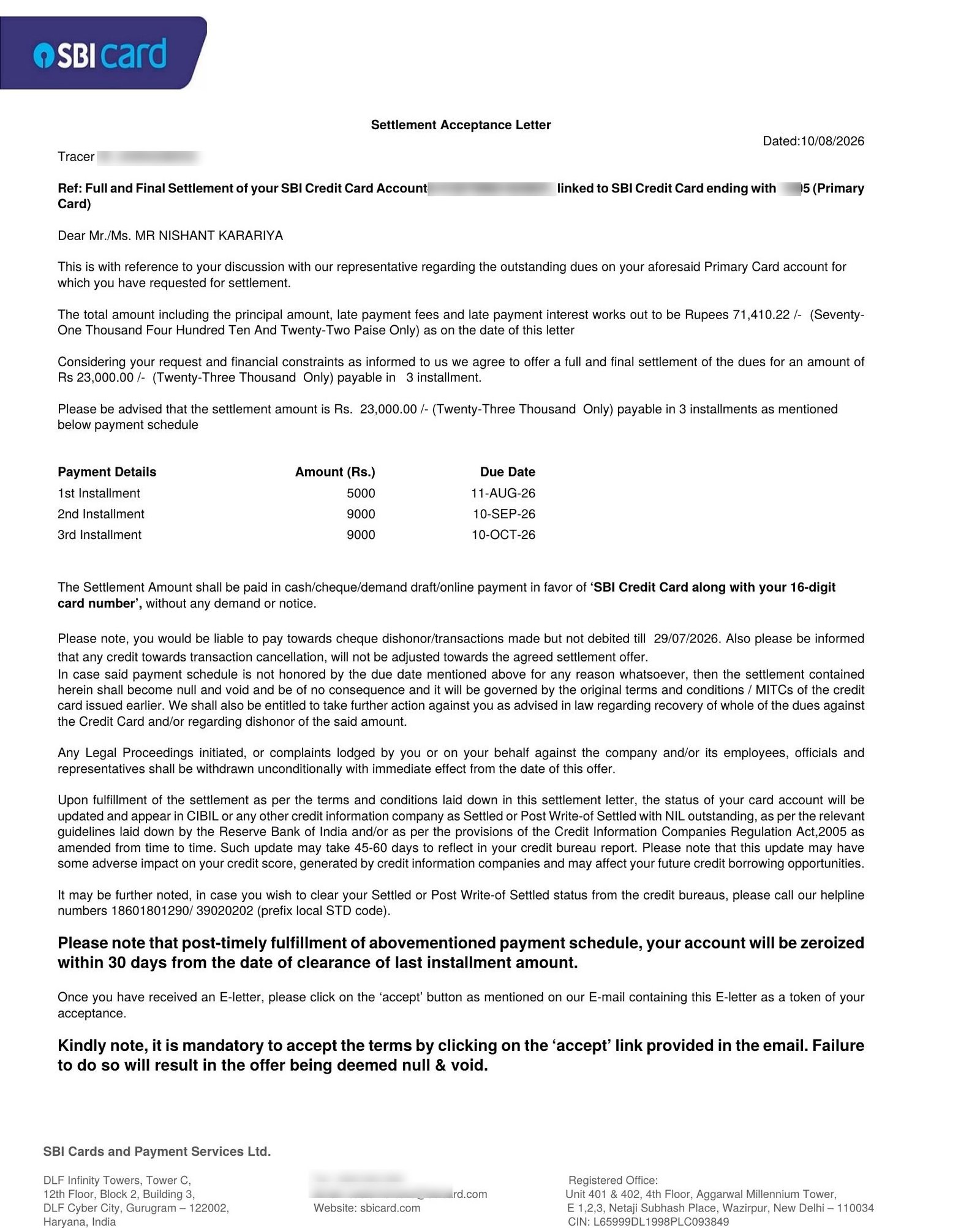 Nishant SBI Card settlement letter