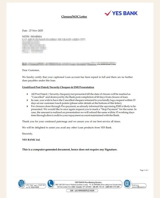 Nitin Sharma Yes Bank NOC screenshot