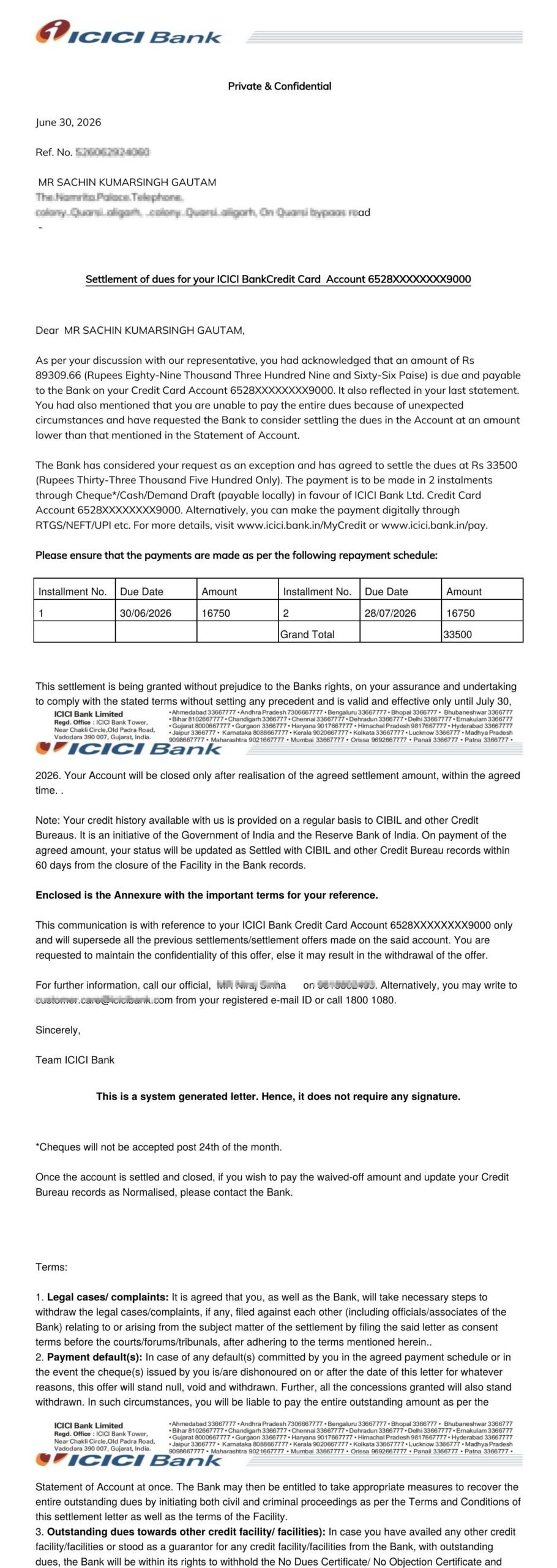 Sachin ICICI settlement letter