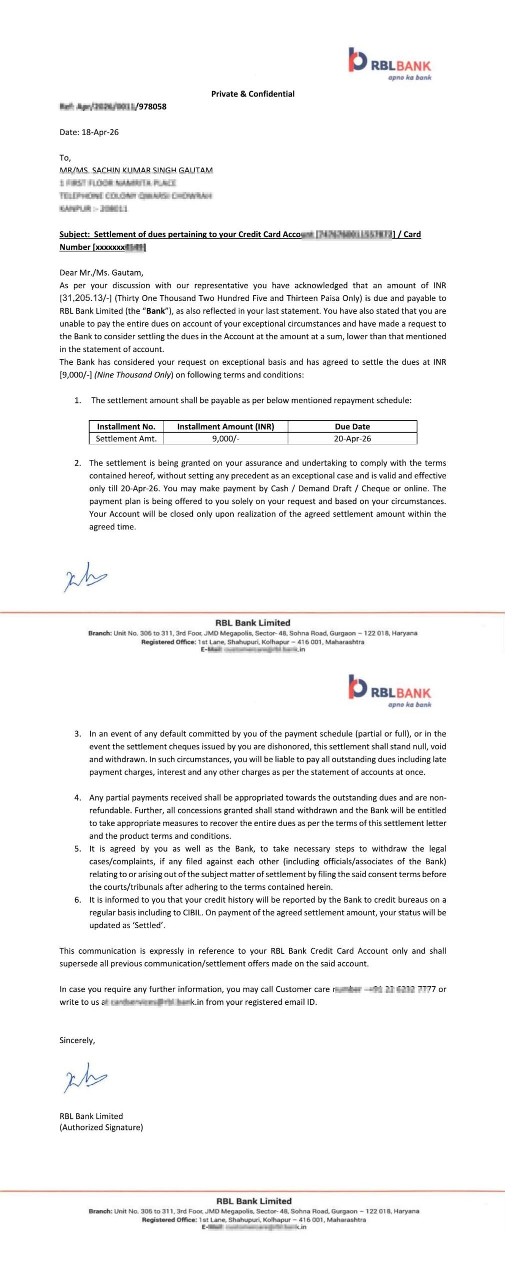 Sachin RBL Bank settlement letter