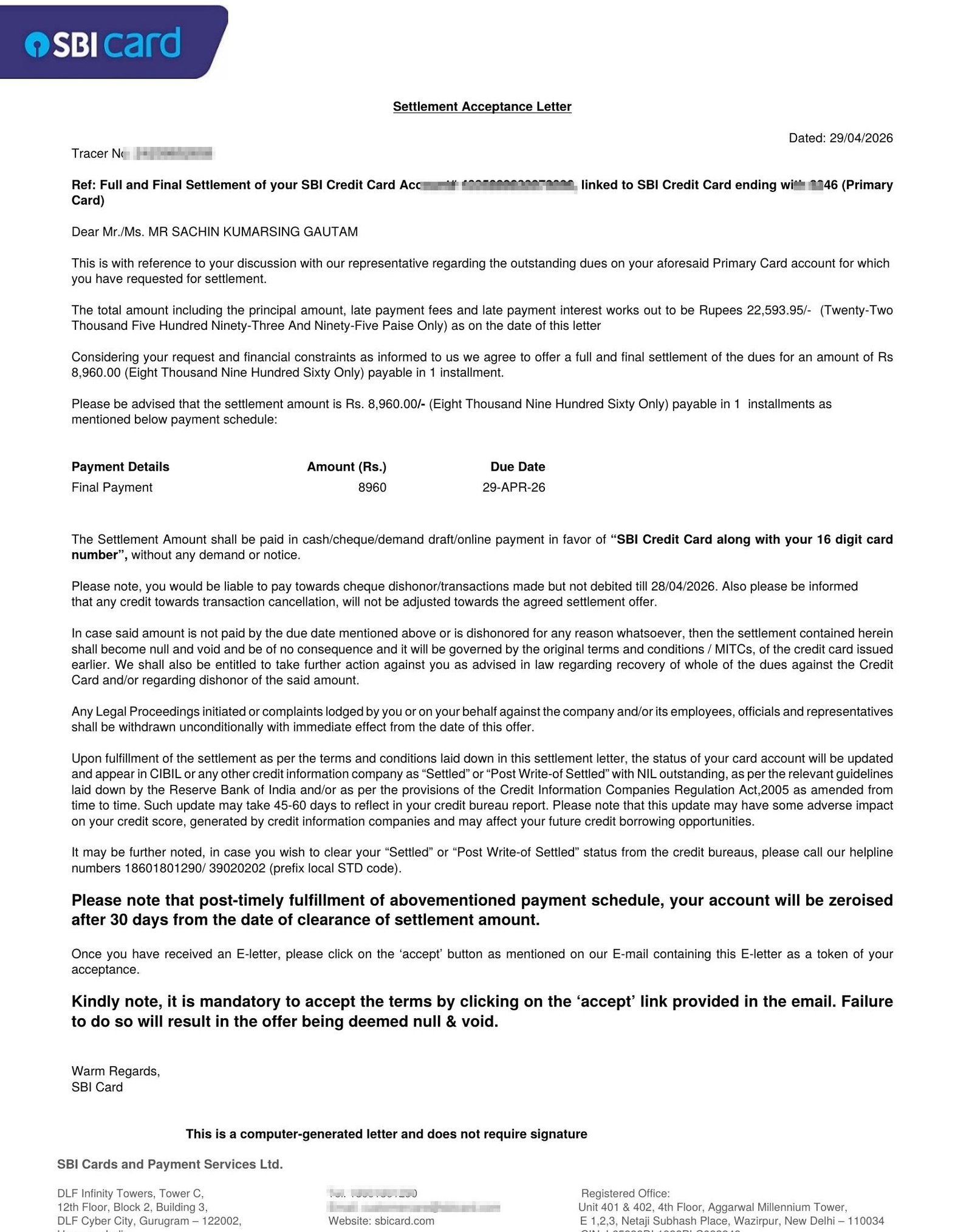 Sachin SBI Card settlement letter