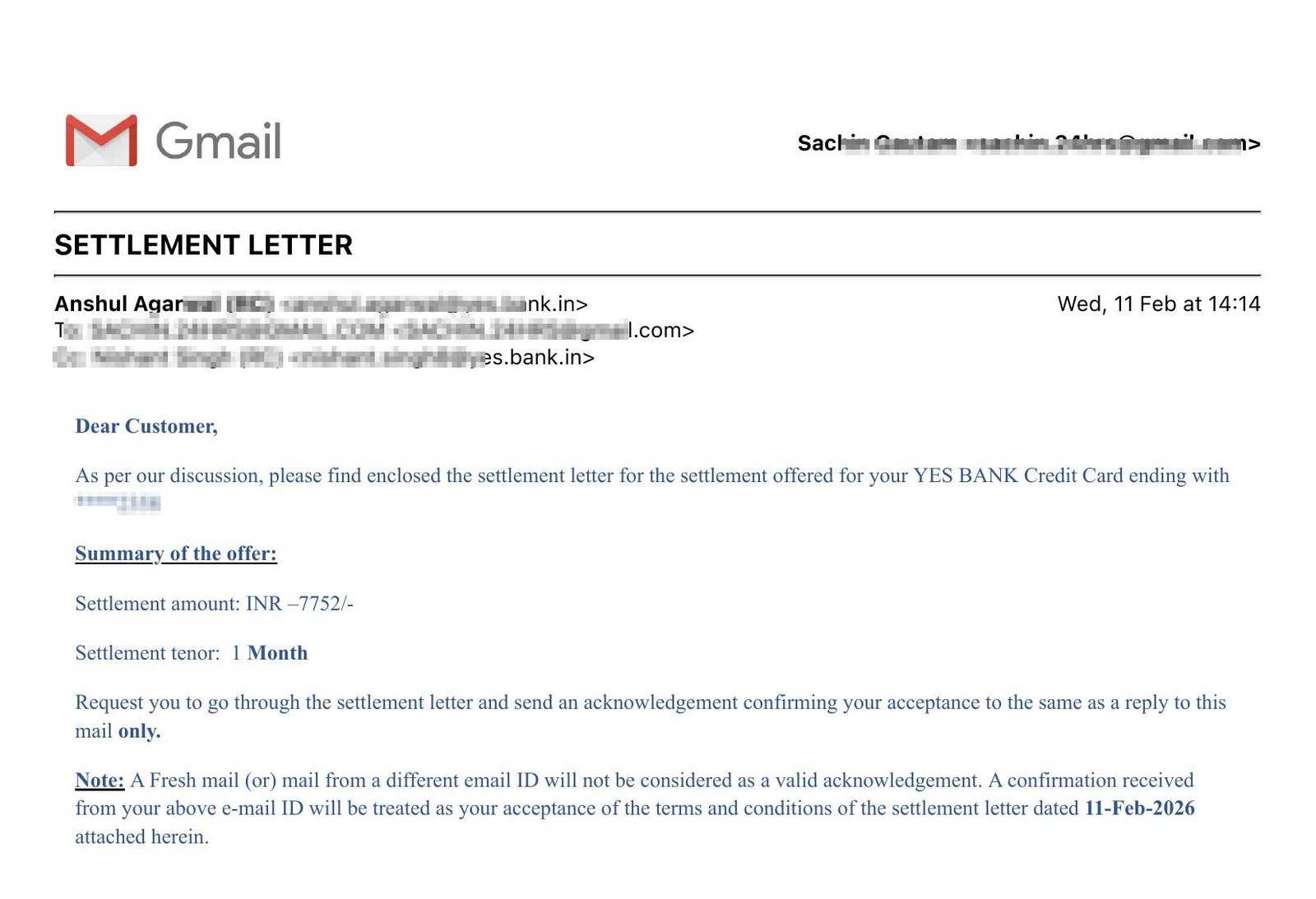Sachin Yes Bank email confirmation