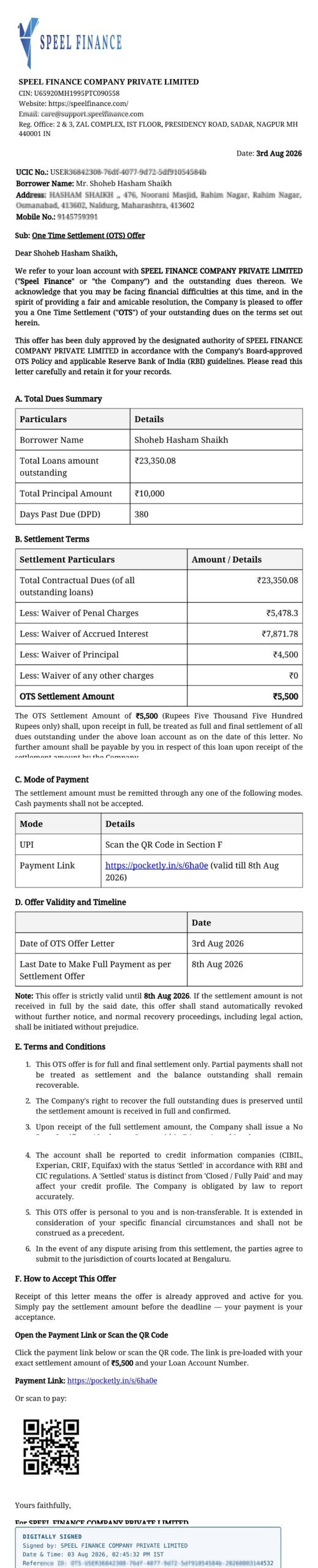 Shoheb SpeelFinance OTS letter